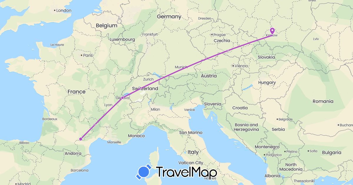 TravelMap itinerary: driving, train in Switzerland, France, Poland (Europe)